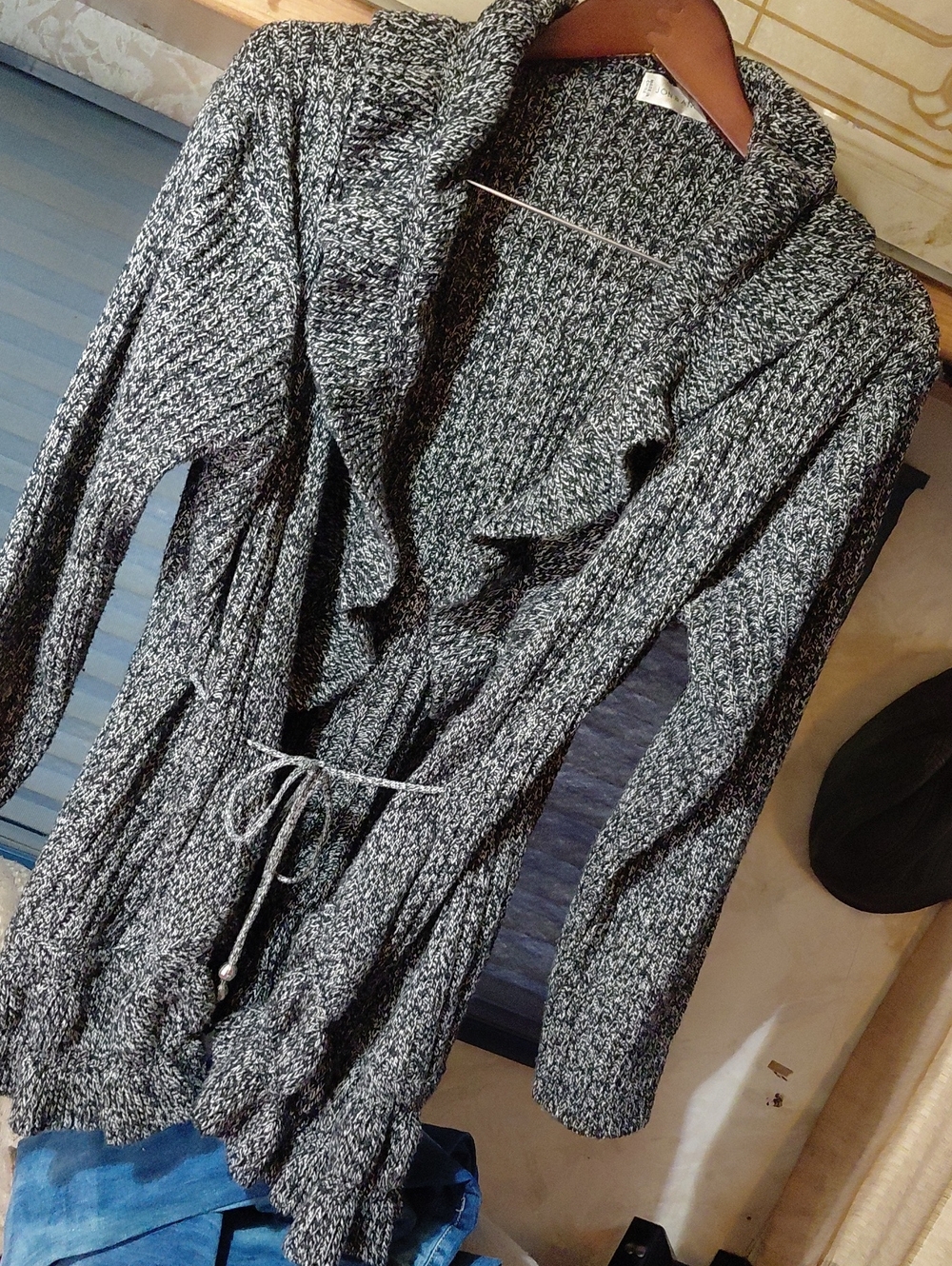 Jon & Anna Black & White Marled Shawl-Collar Tie-Front Cardigan